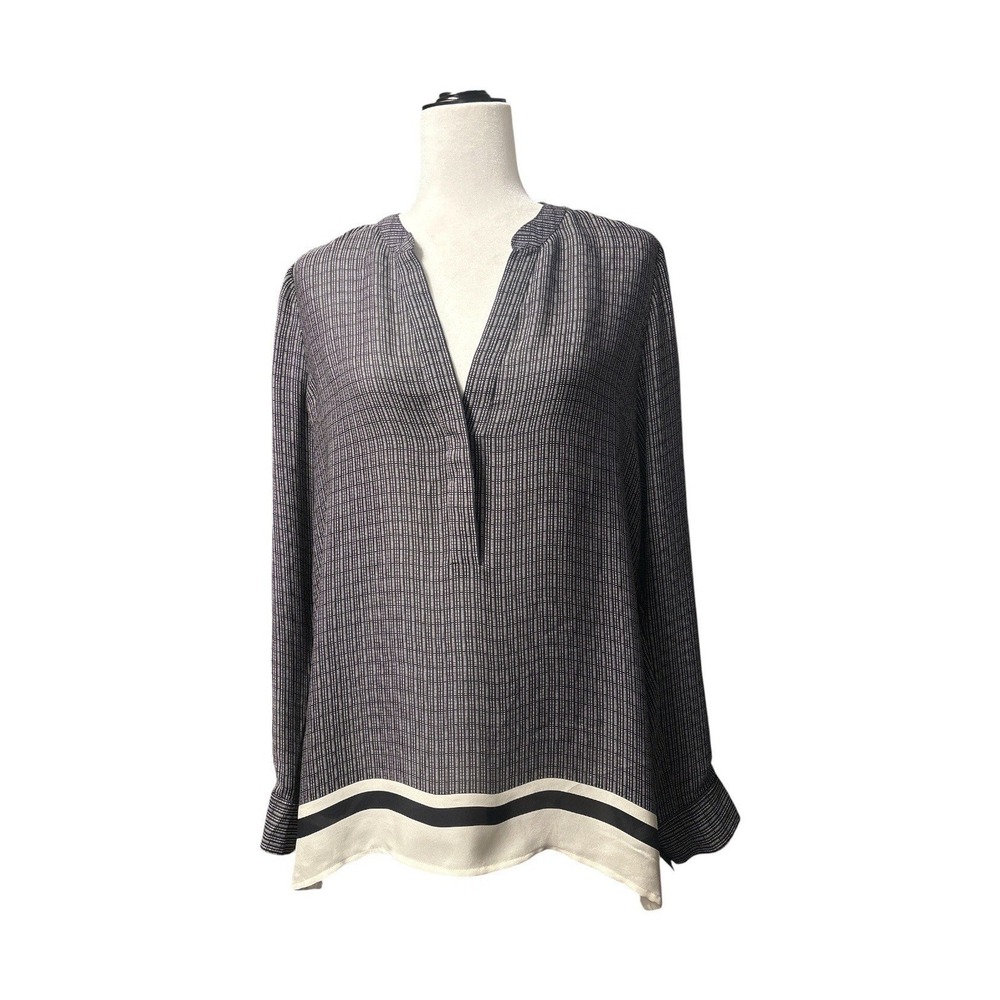 Vince 100% Silk Split Neck Blouse Women's L Black Ivory Border Print